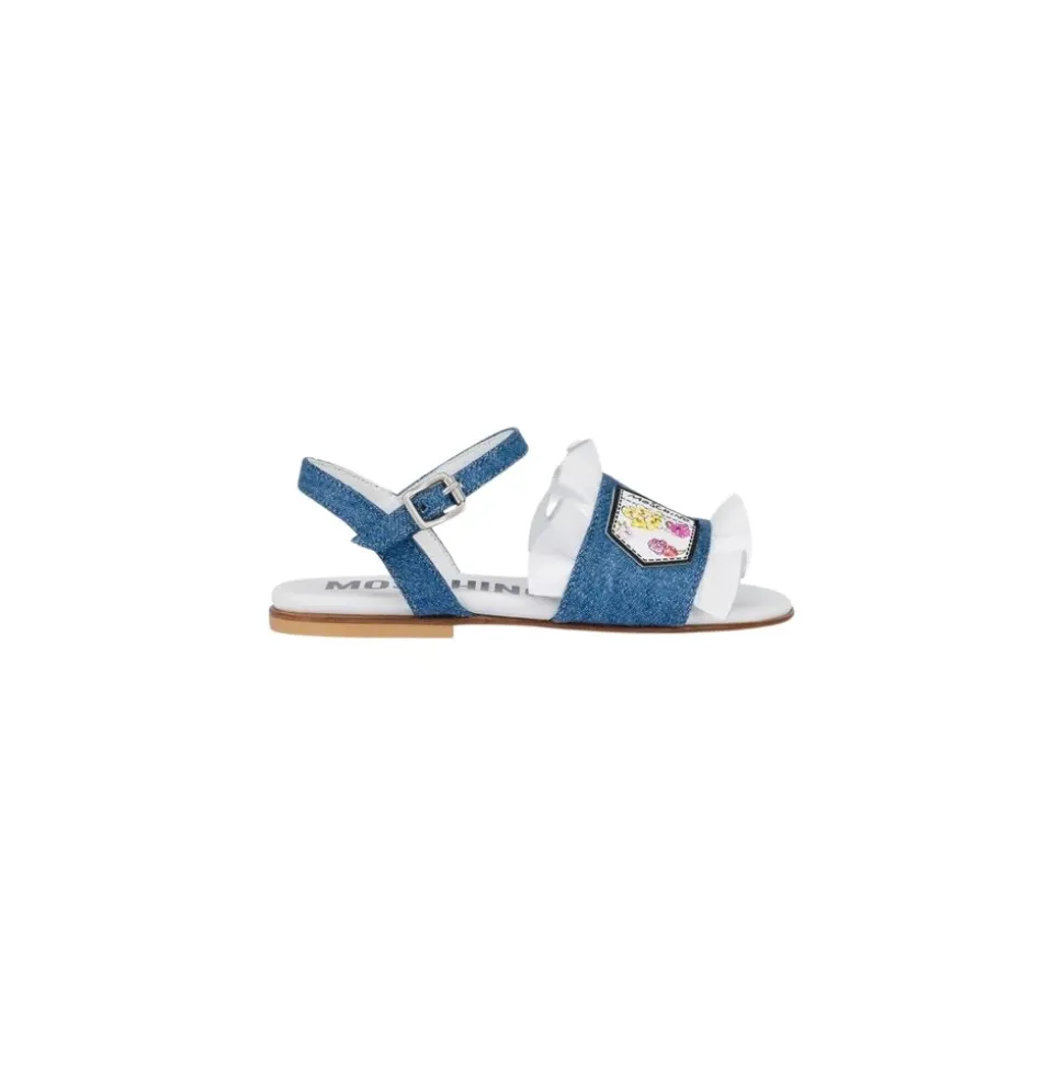Flate denim sandaler med volanger