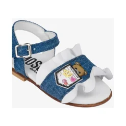 Flate denim sandaler med volanger