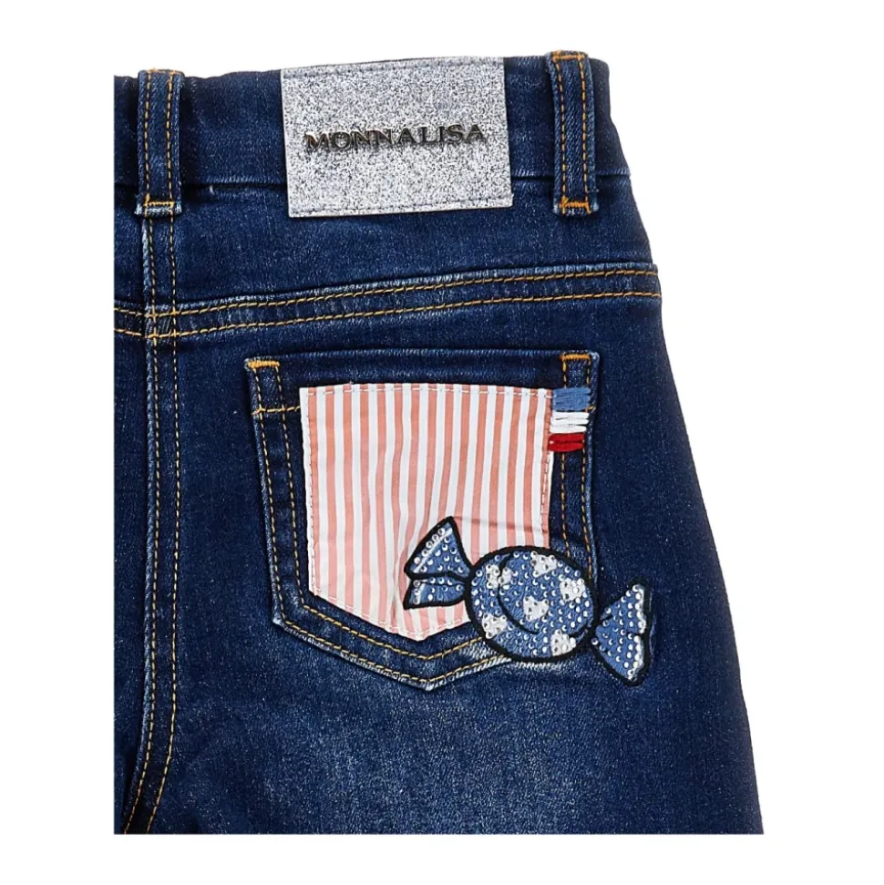 Jeans med Hello Kitty-applikasjon, frynsete