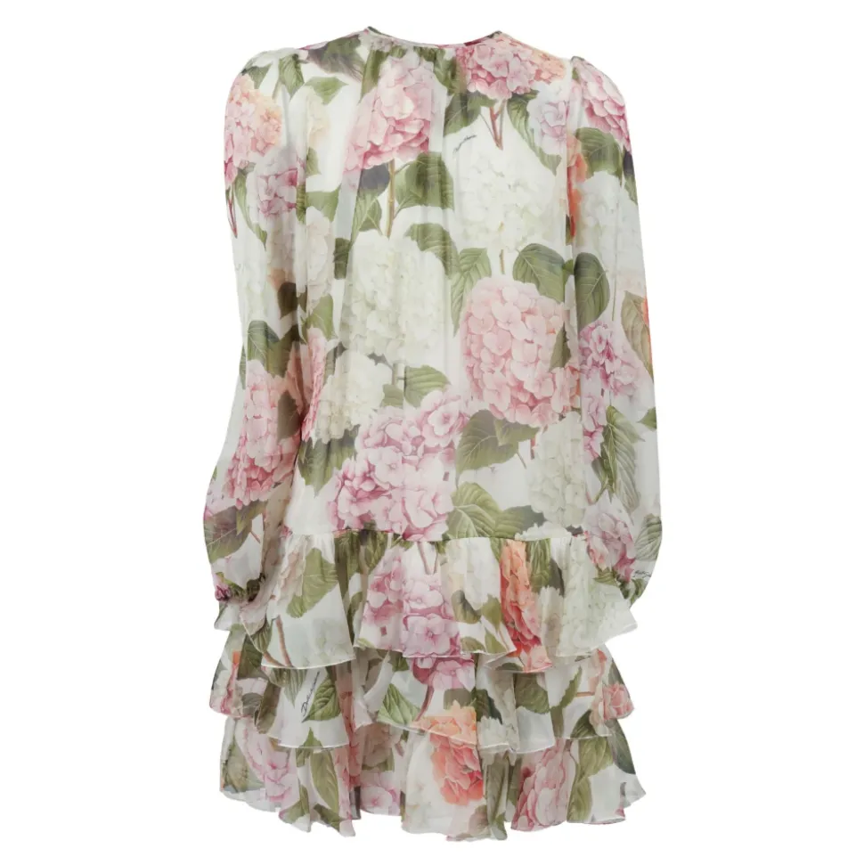 Kjole i chiffon med hortensiaprint
