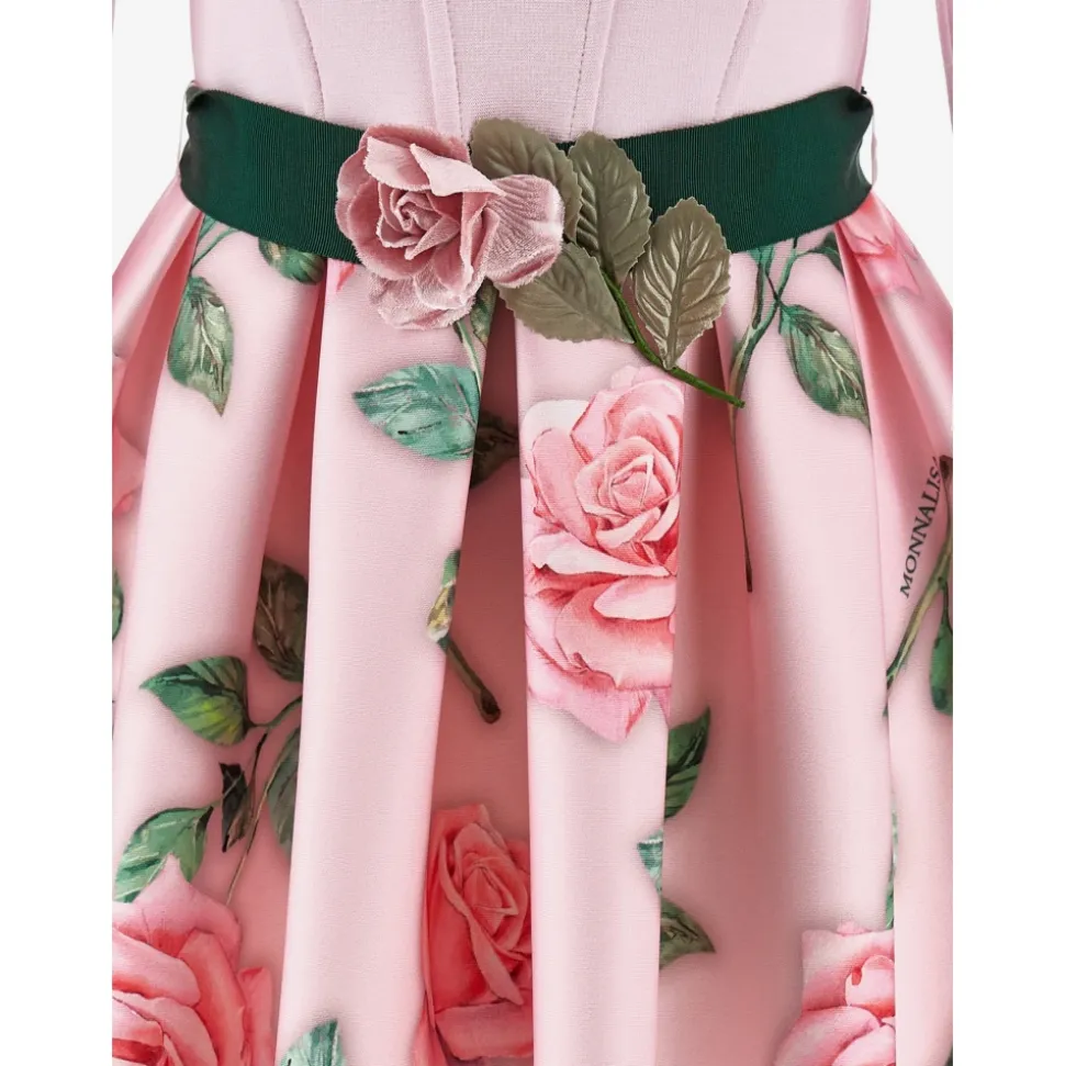 Rose Print Pink Kjole med Puffy Ermer