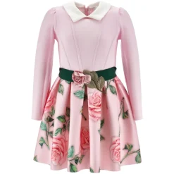 Rose Print Pink Kjole med Puffy Ermer