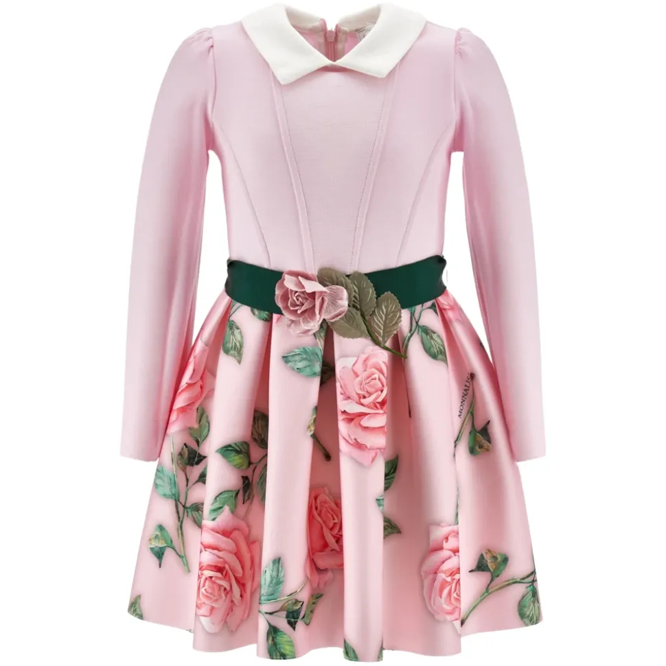 Rose Print Pink Kjole med Puffy Ermer