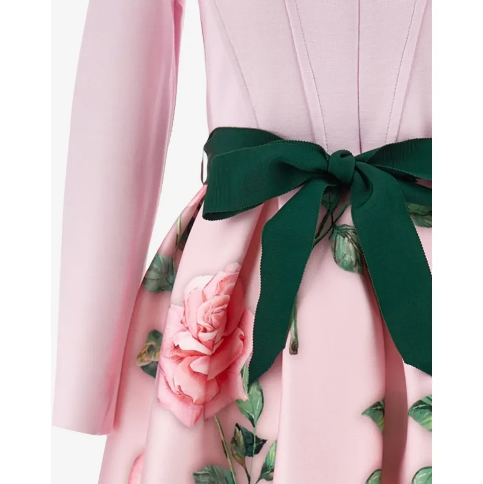 Rose Print Pink Kjole med Puffy Ermer