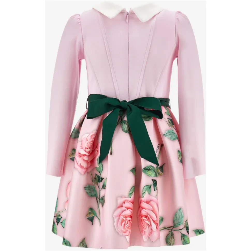 Rose Print Pink Kjole med Puffy Ermer