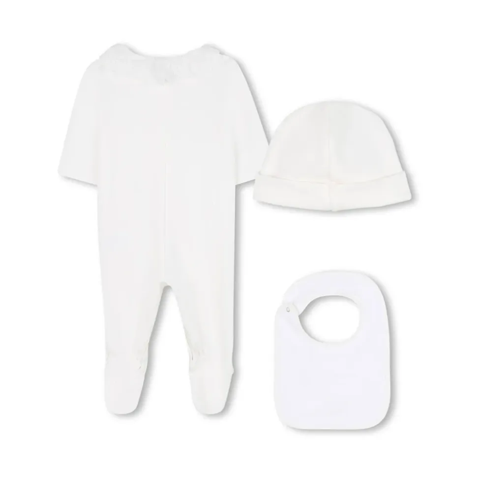 Sett med lue, smekke og fotte onesie med blondekant