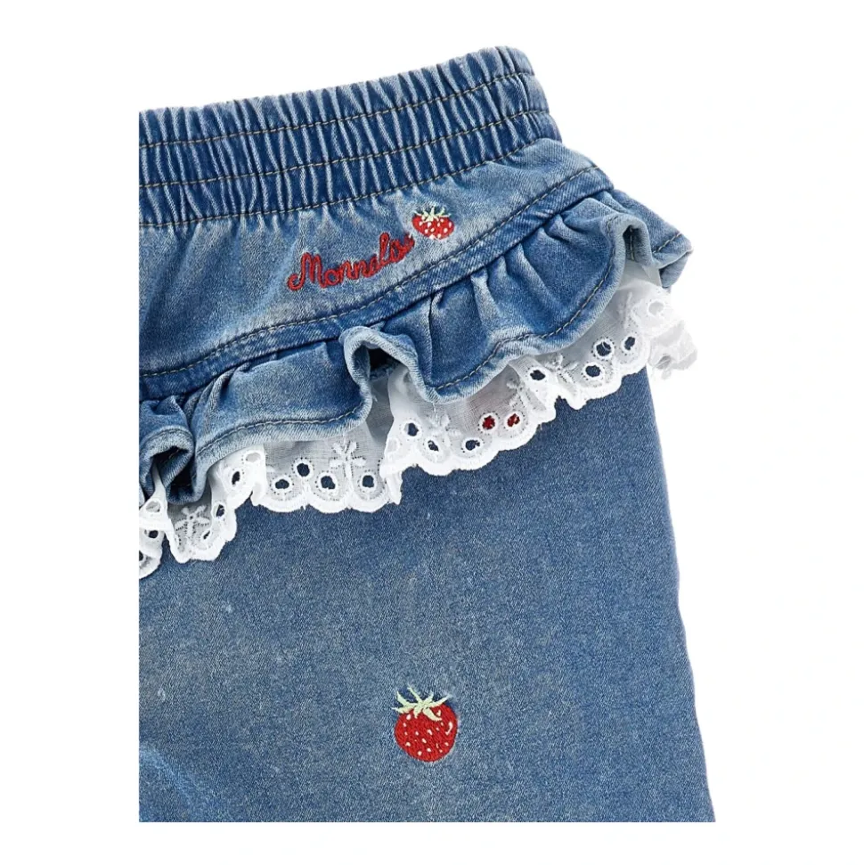 Strawberry-Embroidered Ruffled Jeans