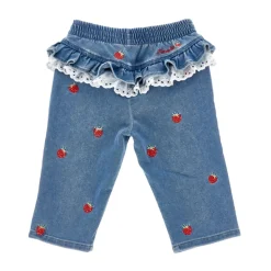 Strawberry-Embroidered Ruffled Jeans