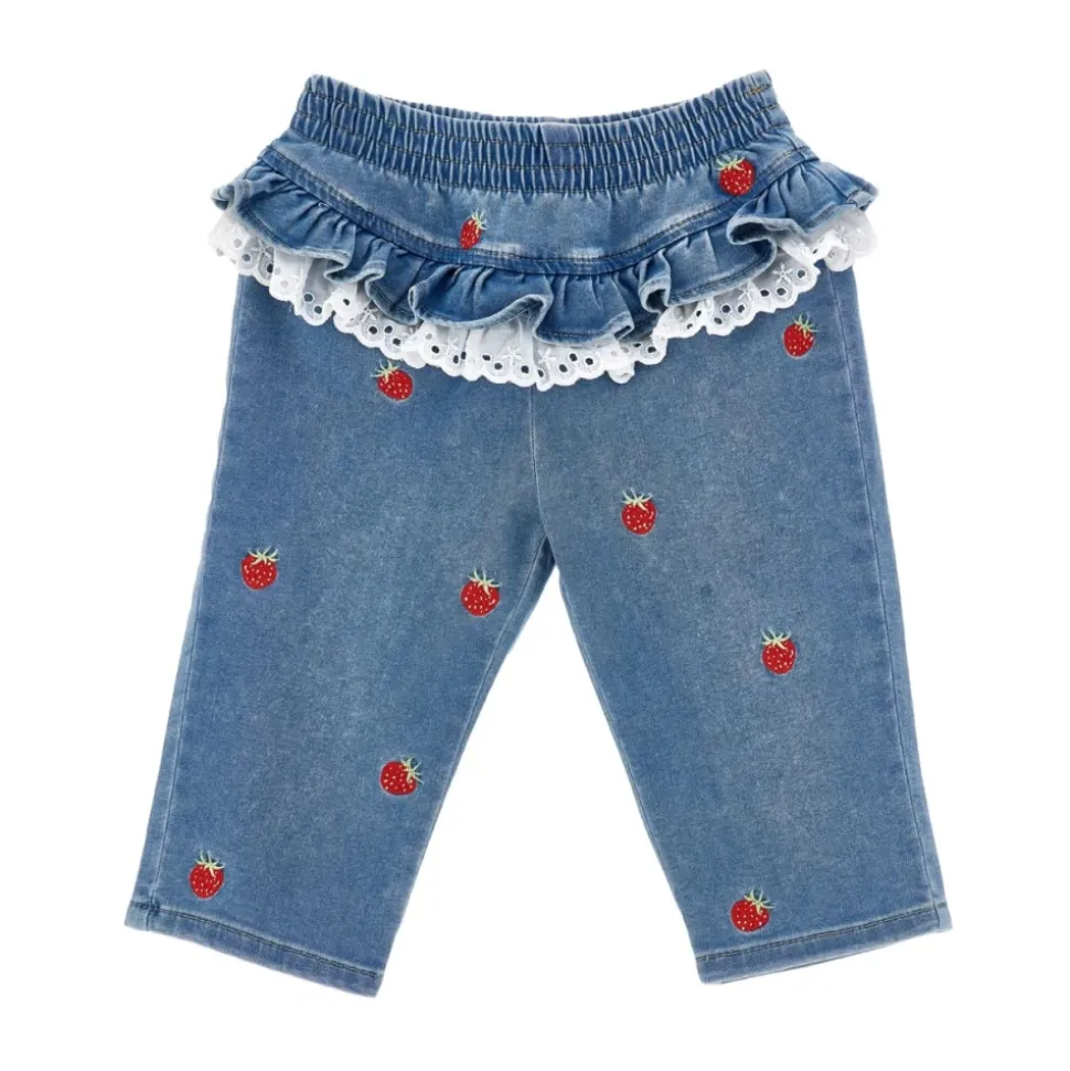 Strawberry-Embroidered Ruffled Jeans
