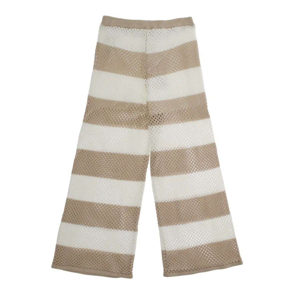 Stripet beige bomulls bukser med perforert design