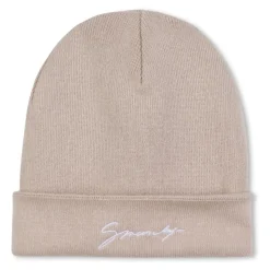 Vendbar strikket lue med brodert logo